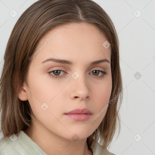 Neutral white young-adult female with medium  brown hair and brown eyes