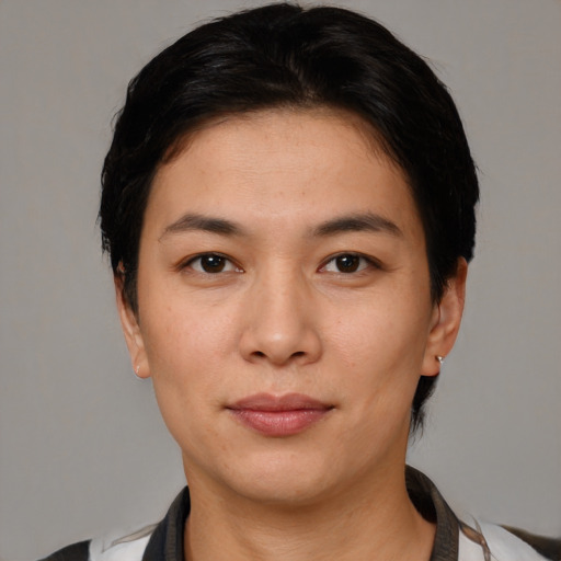 Neutral white young-adult female with short  black hair and brown eyes