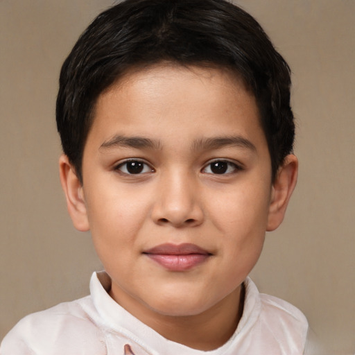 Joyful latino child female with short  brown hair and brown eyes