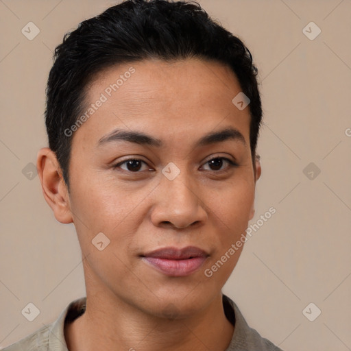 Joyful latino young-adult female with short  brown hair and brown eyes