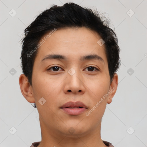 Neutral asian young-adult male with short  brown hair and brown eyes