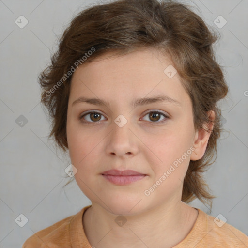 Joyful white child female with medium  brown hair and brown eyes