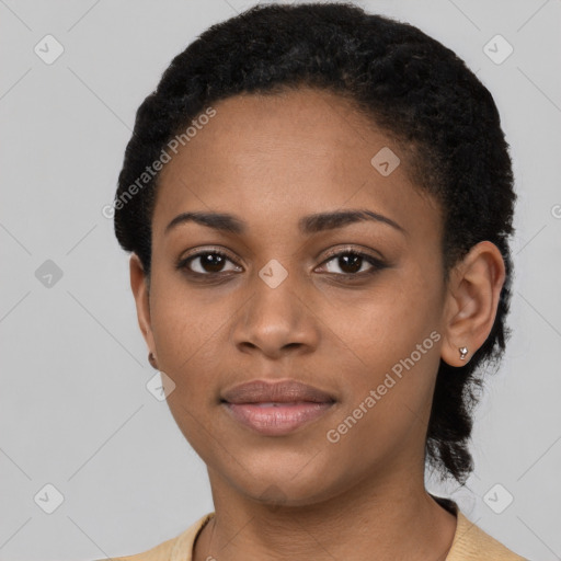 Neutral black young-adult female with short  black hair and brown eyes