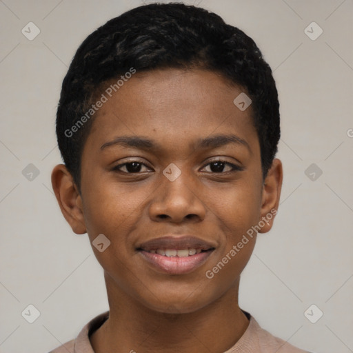 Joyful black young-adult female with short  black hair and brown eyes