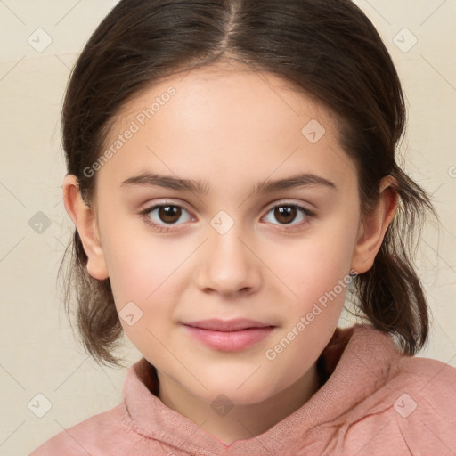 Joyful white child female with medium  brown hair and brown eyes