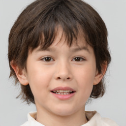 Joyful white child female with medium  brown hair and brown eyes