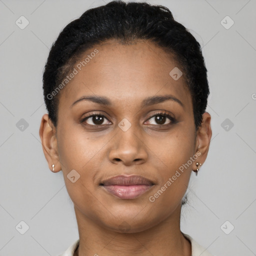 Joyful black young-adult female with short  brown hair and brown eyes