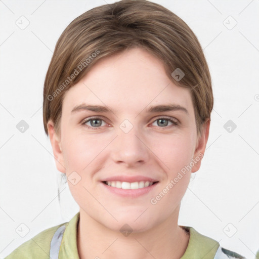 Joyful white young-adult female with short  brown hair and grey eyes