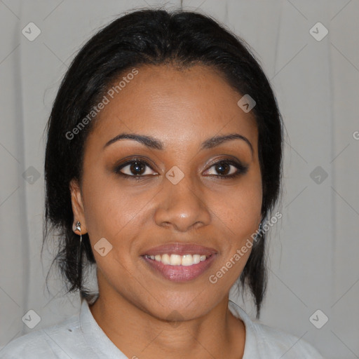 Joyful black young-adult female with medium  brown hair and brown eyes