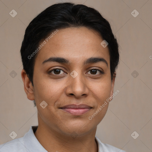 Joyful latino young-adult female with short  brown hair and brown eyes