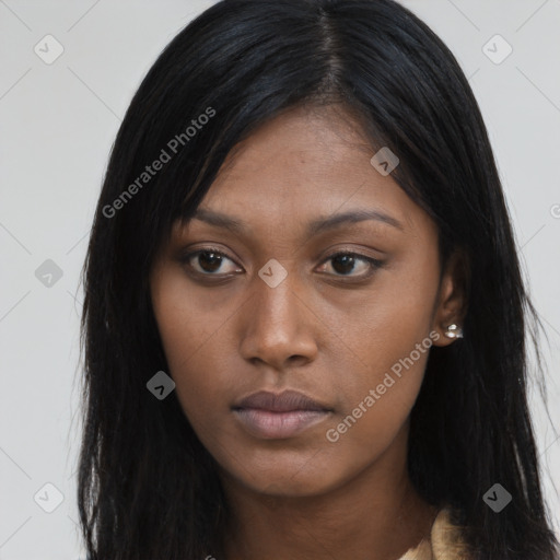 Neutral asian young-adult female with long  black hair and brown eyes