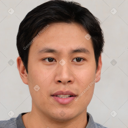 Neutral asian young-adult male with short  brown hair and brown eyes