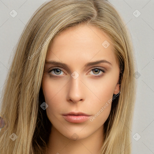 Neutral white young-adult female with long  brown hair and brown eyes