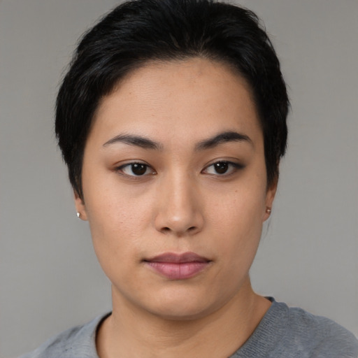 Neutral asian young-adult female with short  black hair and brown eyes