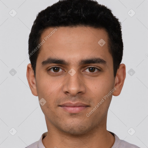 Neutral latino young-adult male with short  black hair and brown eyes