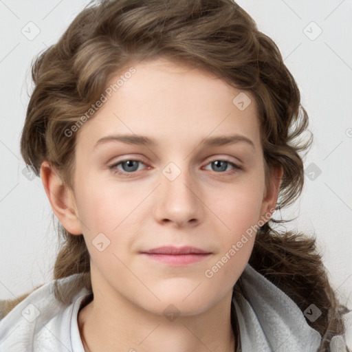 Neutral white young-adult female with medium  brown hair and grey eyes