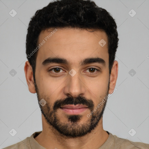 Neutral latino young-adult male with short  black hair and brown eyes