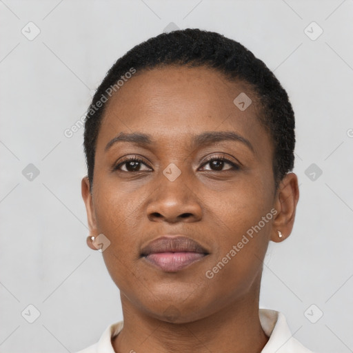 Neutral black young-adult female with short  brown hair and brown eyes