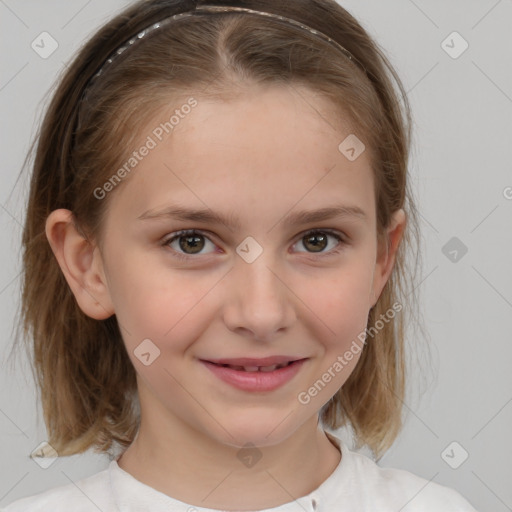 Joyful white child female with medium  brown hair and brown eyes