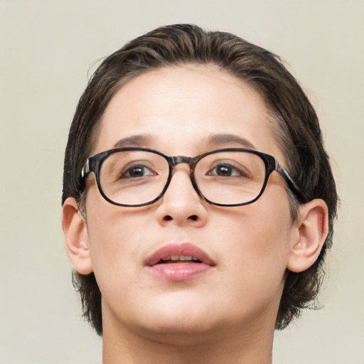 Neutral white young-adult female with medium  brown hair and brown eyes