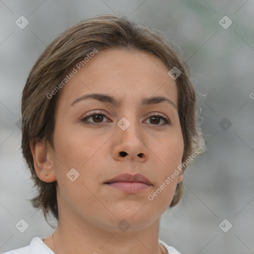 Neutral white young-adult female with medium  brown hair and brown eyes