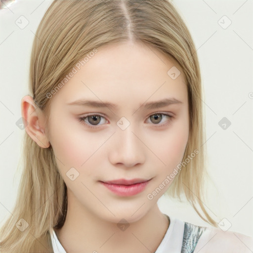 Joyful white child female with medium  brown hair and brown eyes