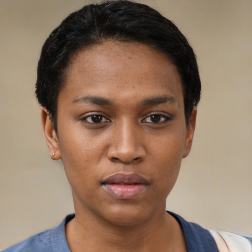 Neutral black young-adult female with short  black hair and brown eyes