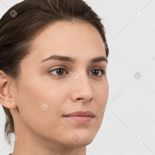 Neutral white young-adult female with short  brown hair and brown eyes