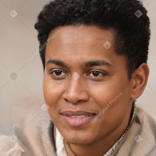 Joyful black young-adult male with short  black hair and brown eyes