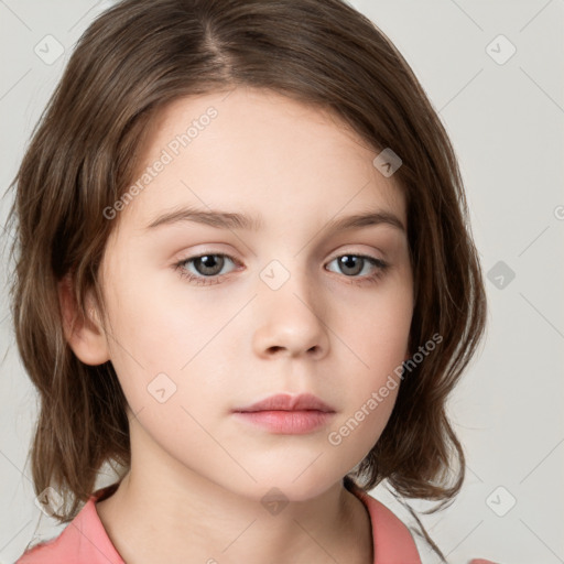 Neutral white child female with medium  brown hair and grey eyes