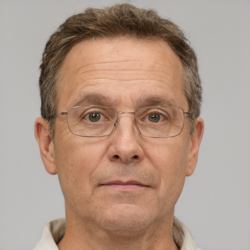 Neutral white middle-aged male with short  brown hair and brown eyes