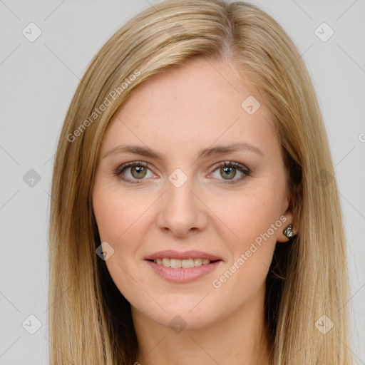 Joyful white young-adult female with long  brown hair and brown eyes