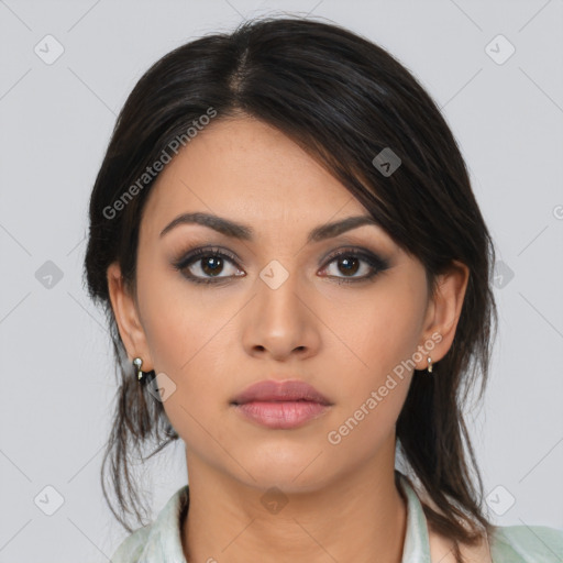 Neutral asian young-adult female with medium  brown hair and brown eyes