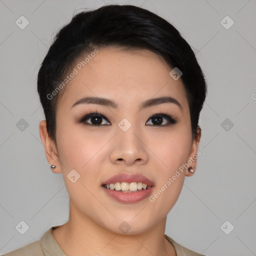 Joyful asian young-adult female with short  black hair and brown eyes