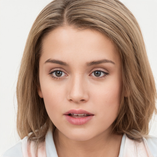 Neutral white young-adult female with medium  brown hair and brown eyes