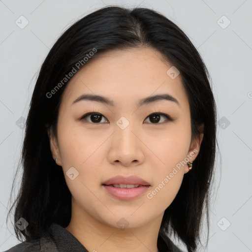 Joyful asian young-adult female with medium  black hair and brown eyes