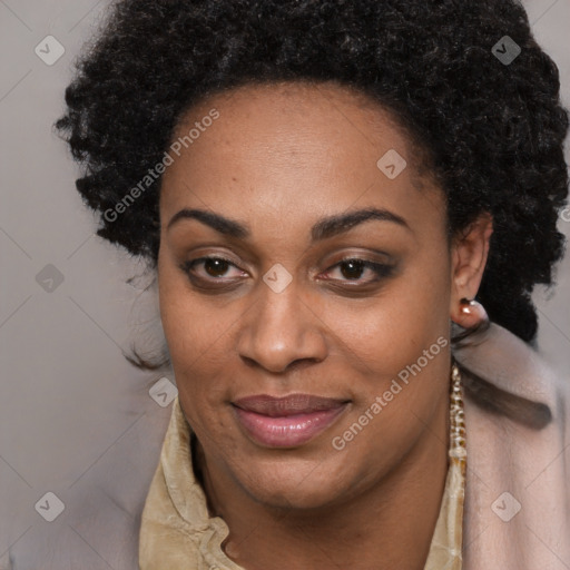 Joyful latino young-adult female with long  black hair and brown eyes