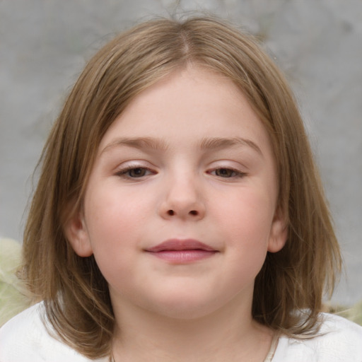 Neutral white child female with medium  brown hair and grey eyes