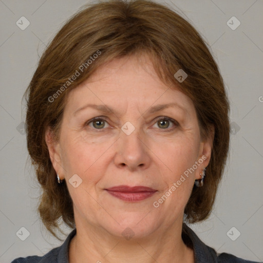 Joyful white adult female with medium  brown hair and grey eyes