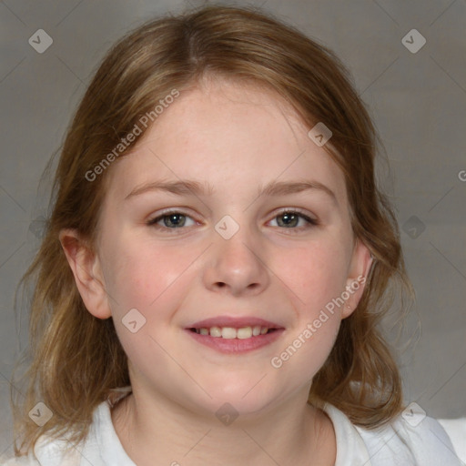 Joyful white child female with medium  brown hair and blue eyes