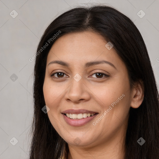 Joyful white young-adult female with long  brown hair and brown eyes