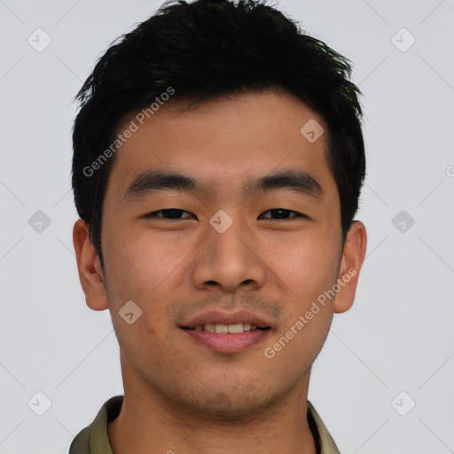 Neutral asian young-adult male with short  black hair and brown eyes