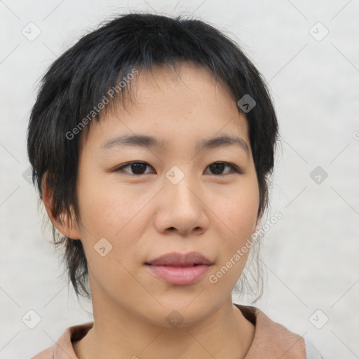 Neutral asian young-adult female with medium  brown hair and brown eyes