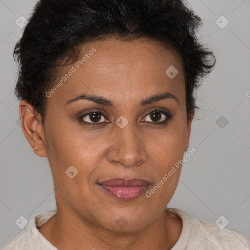 Joyful latino young-adult female with short  brown hair and brown eyes