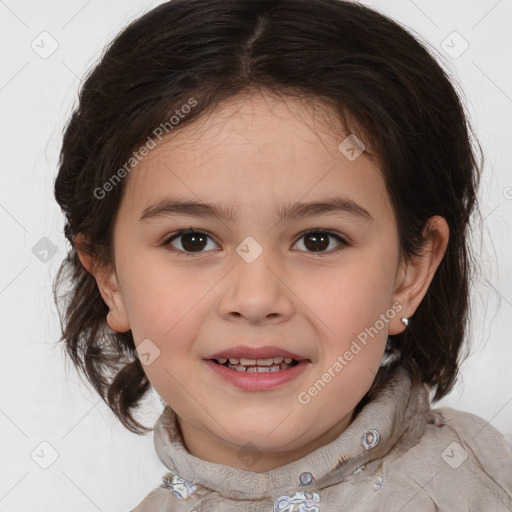 Joyful white child female with medium  brown hair and brown eyes