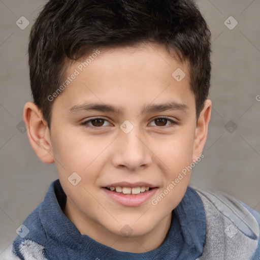 Joyful white child male with short  brown hair and brown eyes