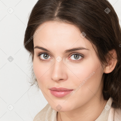 Neutral white young-adult female with medium  brown hair and brown eyes