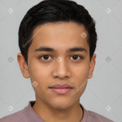 Joyful latino young-adult male with short  black hair and brown eyes