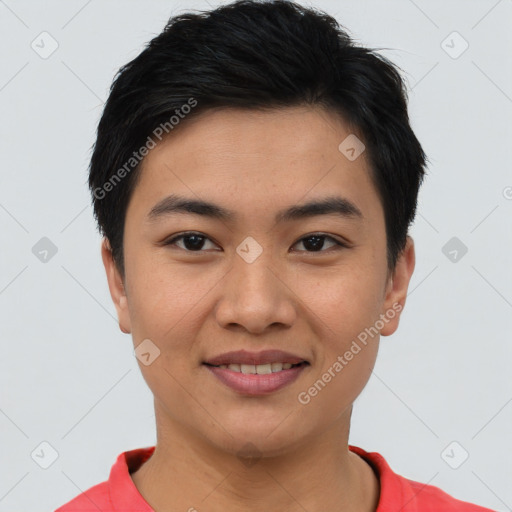 Joyful asian young-adult female with short  brown hair and brown eyes