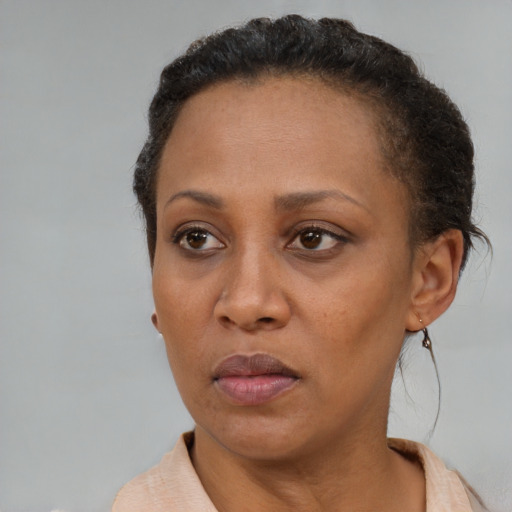 Neutral black adult female with short  brown hair and brown eyes